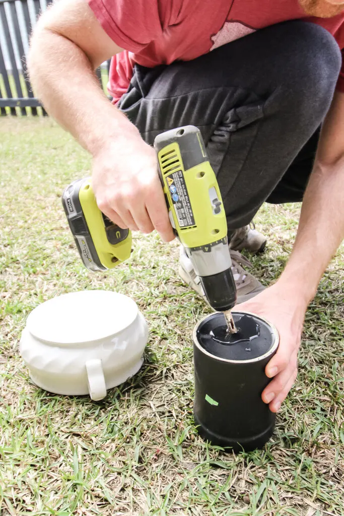 drilling into a ceramic pot