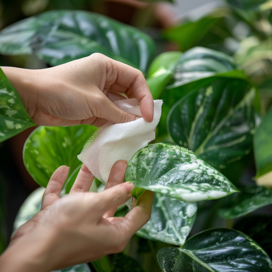 cleaning plant leaves with a wipe