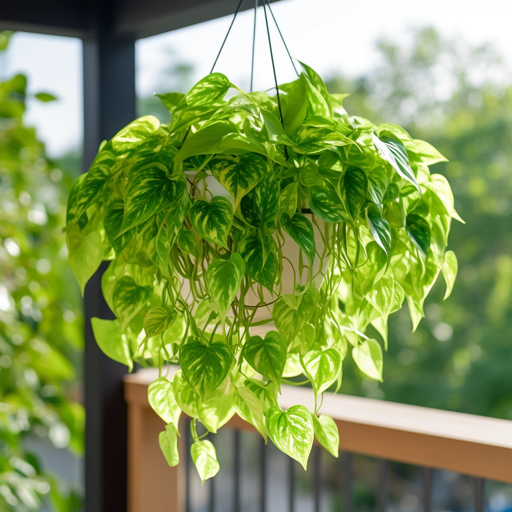 neon pothos in a hanging basket outdoors